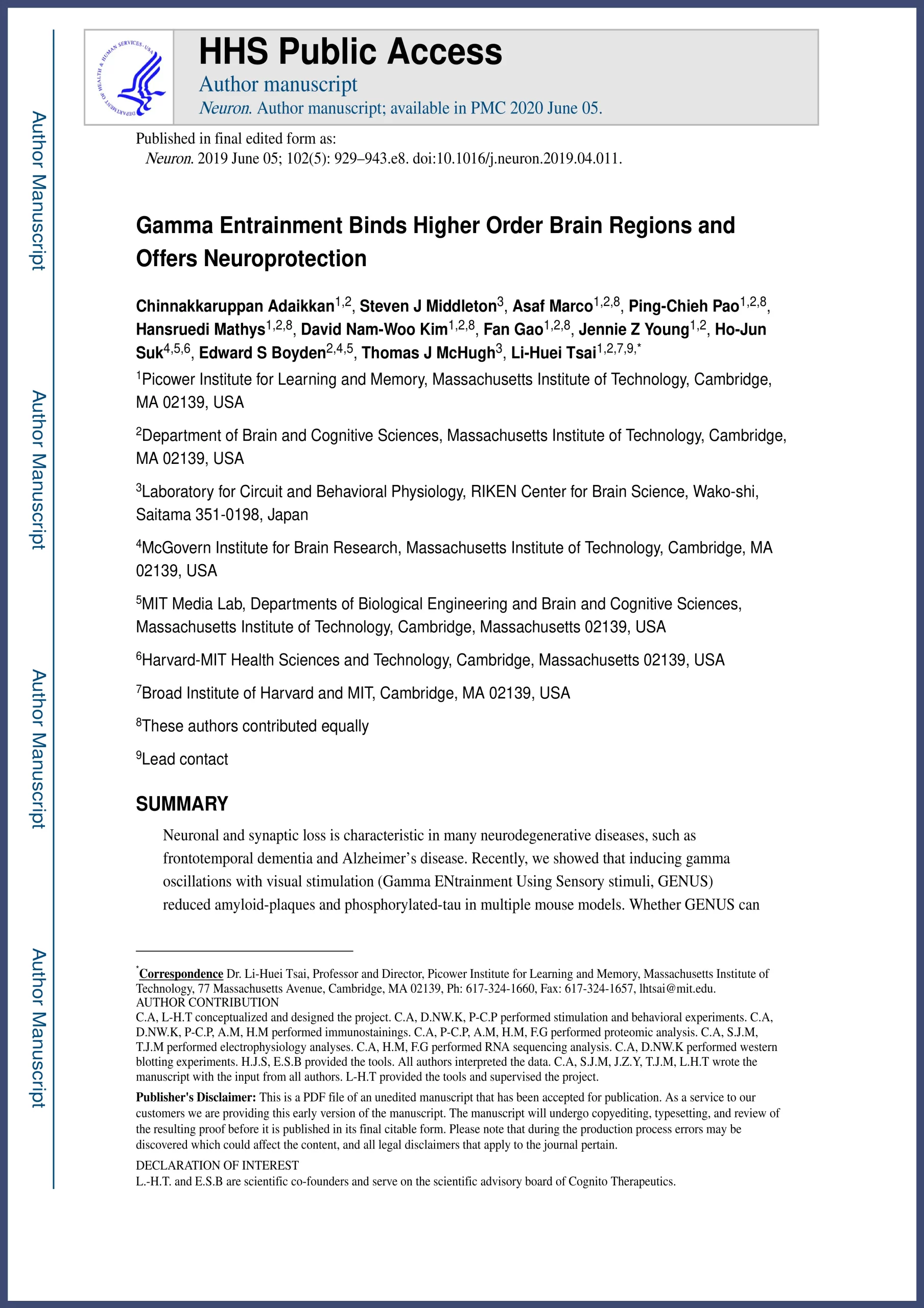 Gamma Entrainment Binds Higher Order Brain Regions and Offers Neuroprotection publication by Adaikkan 2019