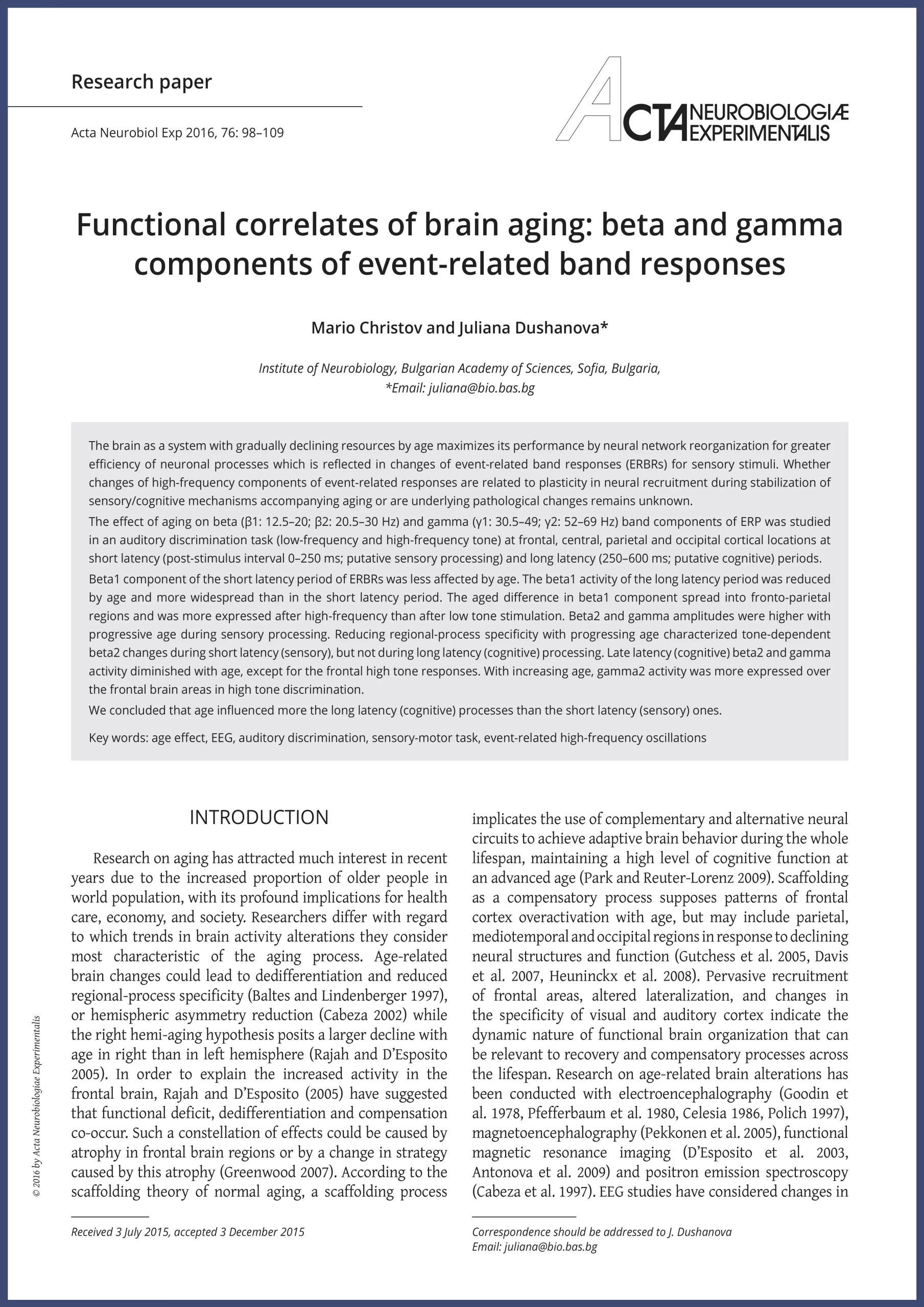 Christov Functional correlates of brain aging: beta and gamma components of event-related band responses publication
