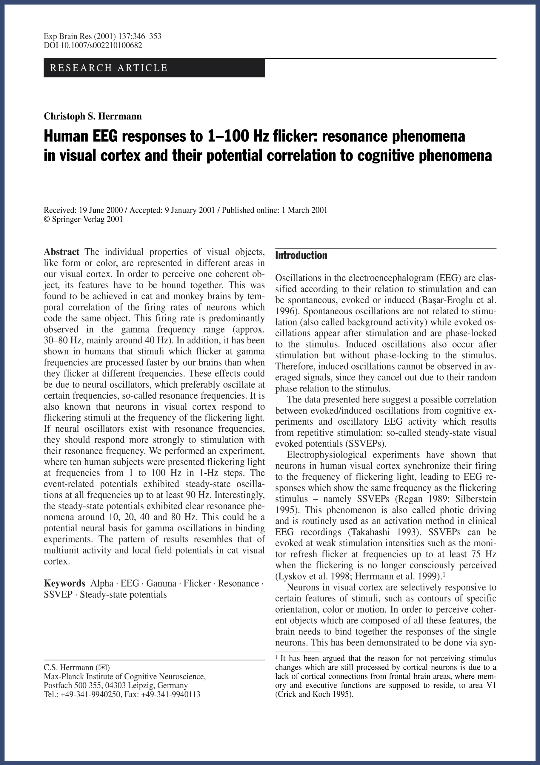 Human EEG responses to 1-100 Hz flicker: resonance phenomena in visual cortex and their potential correlation to cognitive phenomena publication