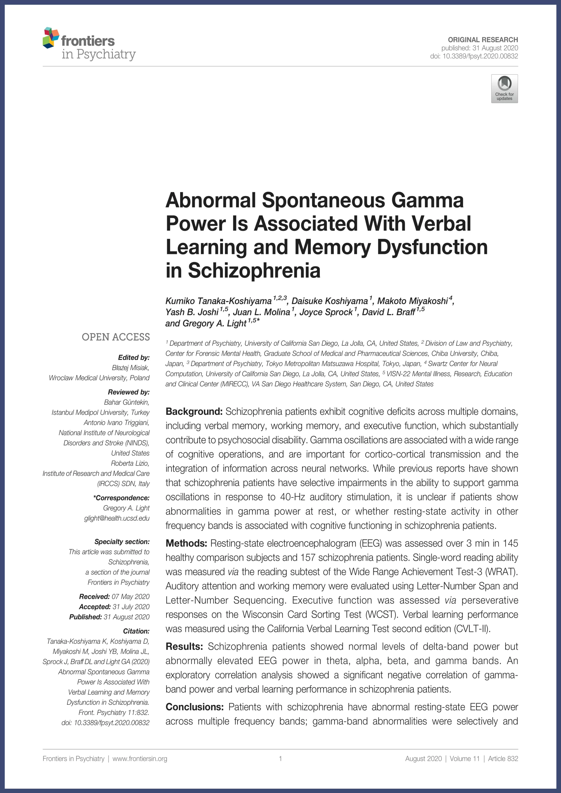 Abnormal Spontaneous Gamma Power Is Associated With Verbal Learning and Memory Dysfunction in Schizophrenia publication by Koshiyama 2020