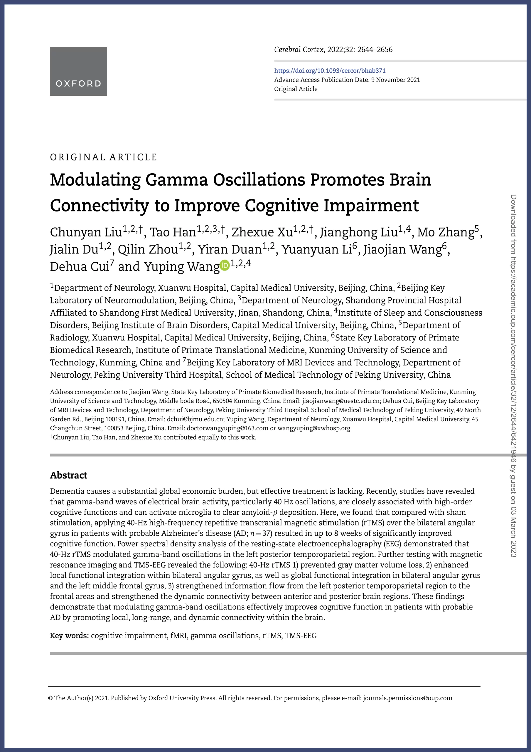 Modulating Gamma Oscillations Promotes Brain Connectivity to Improve Cognitive Impairment publication by Liu, 2022
