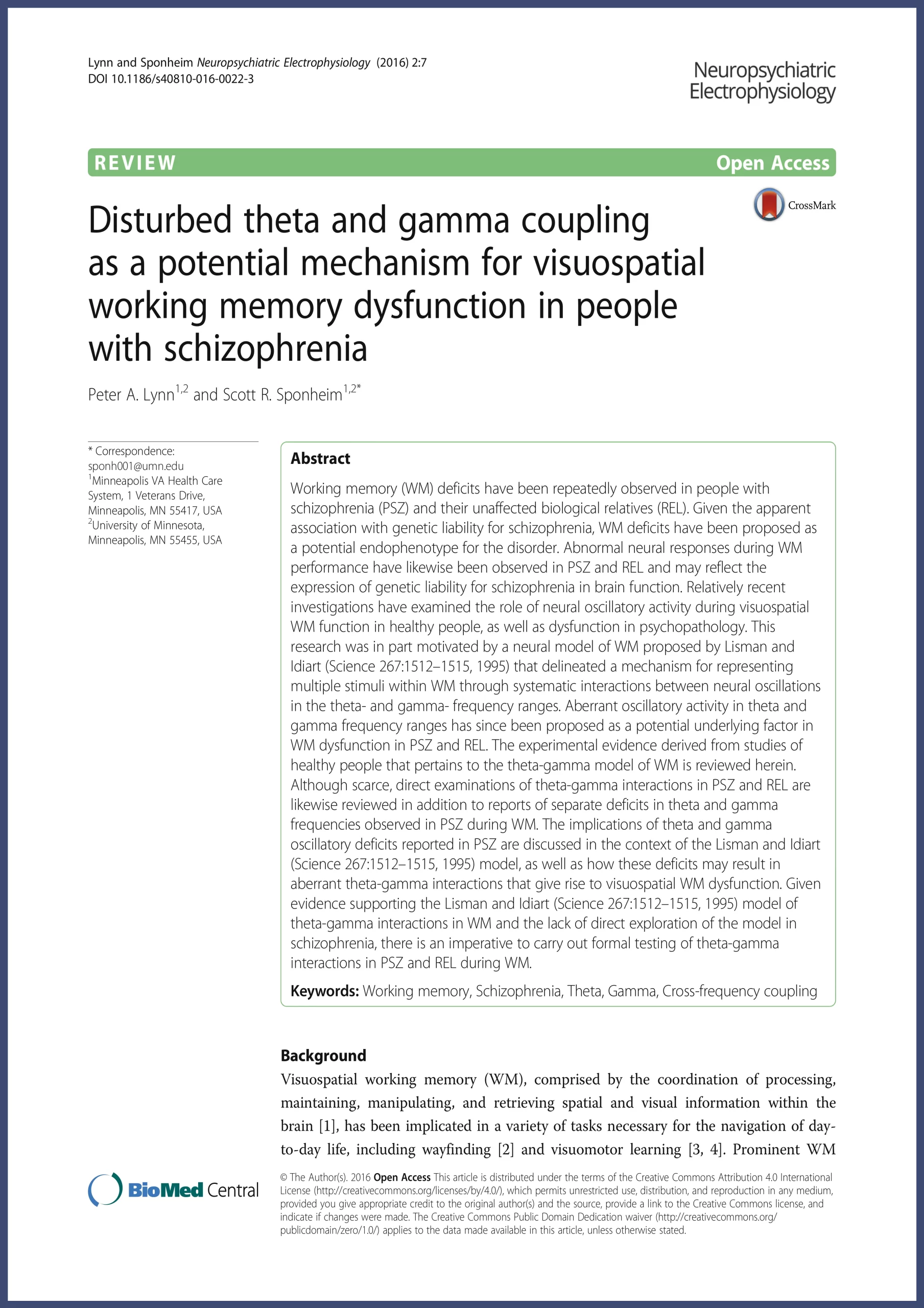 Disturbed theta and gamma coupling as a potential mechanism for visuospatial working memory dysfunction in people with schizophrenia publication by Lynn, 2016