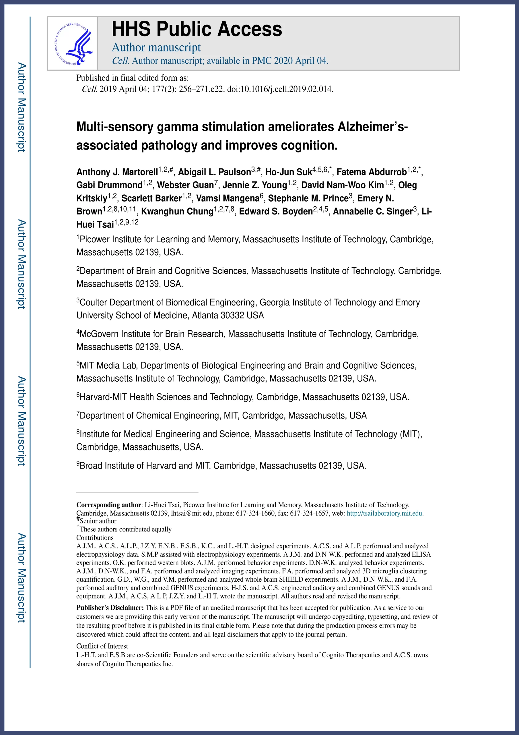 Multi-sensory gamma stimulation amellorates Alzheimer's associated pathology and improves condition publication by Martorell et. al. 2019
