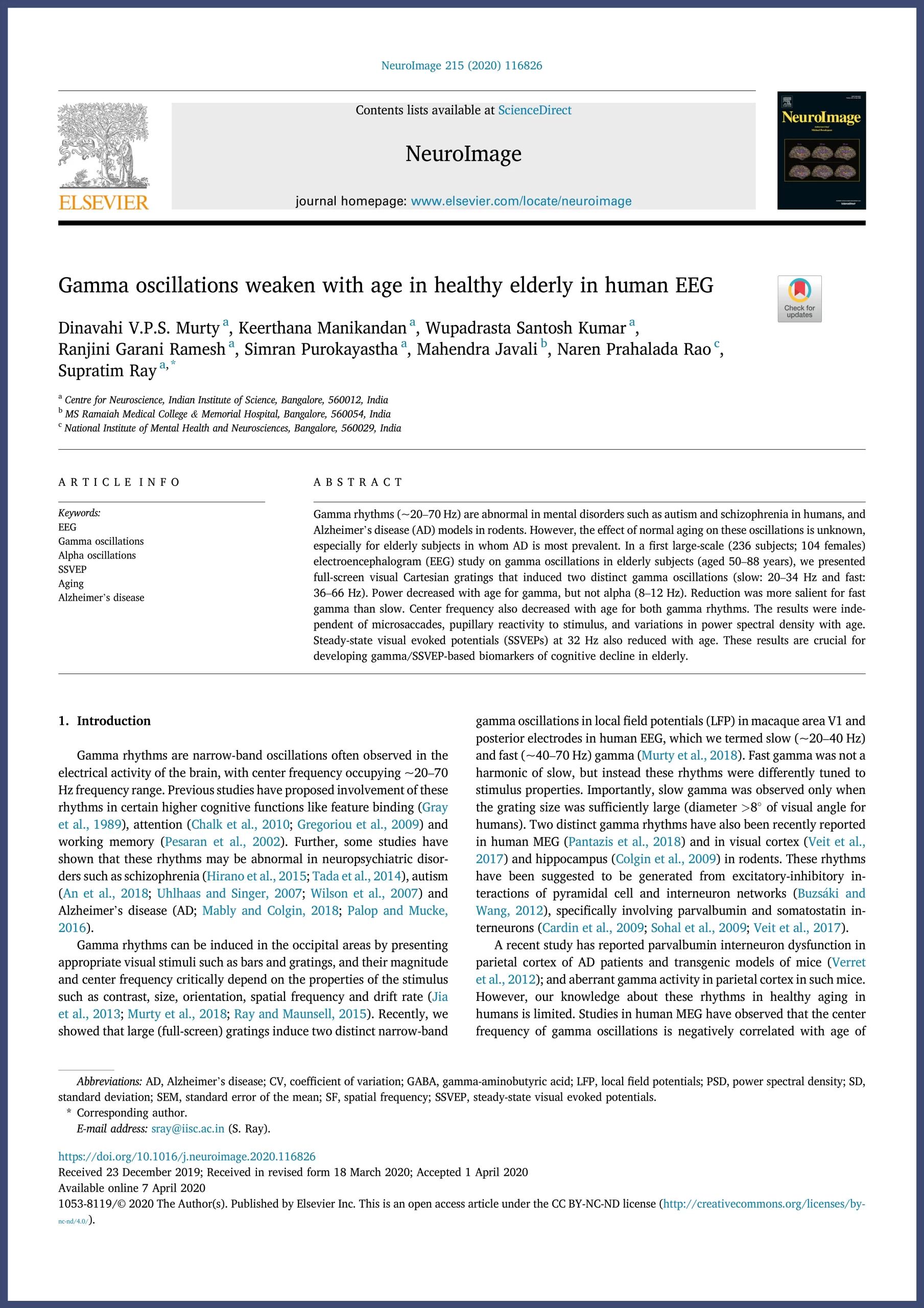 Gamma oscillations weaken with age in healthy elderly in human EEG publication by Murty, 2020