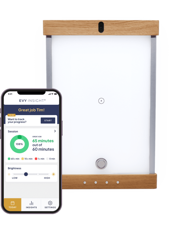 EVY LIGHT standing next to EVY INSIGHT APP displayed on iphone screen