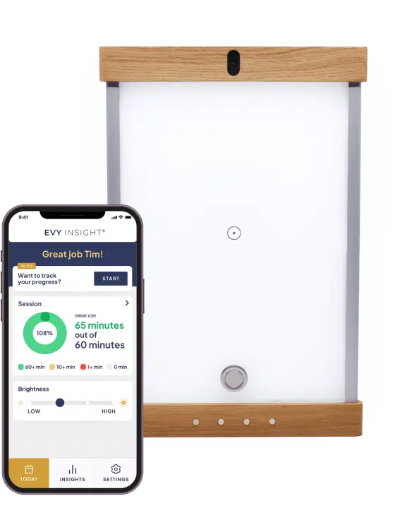 EVY LIGHT standing next to EVY INSIGHT APP displayed on iphone screen