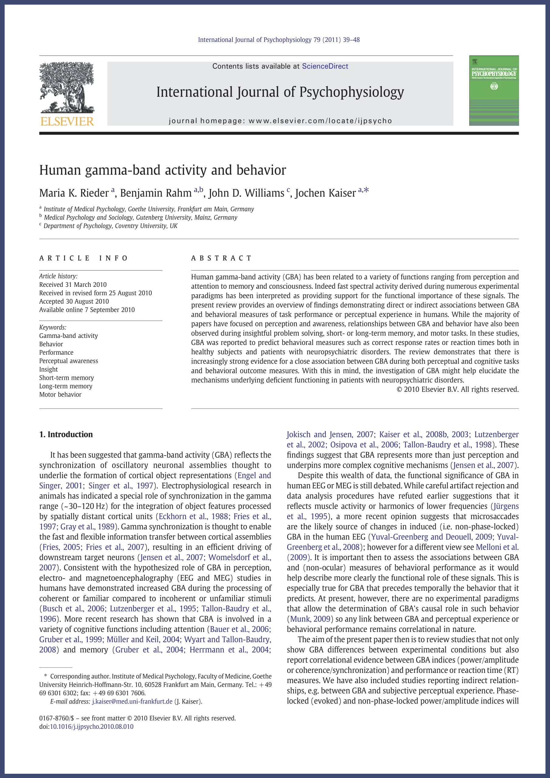 Human gamma-band activity and behavior publication by Reider, 2010