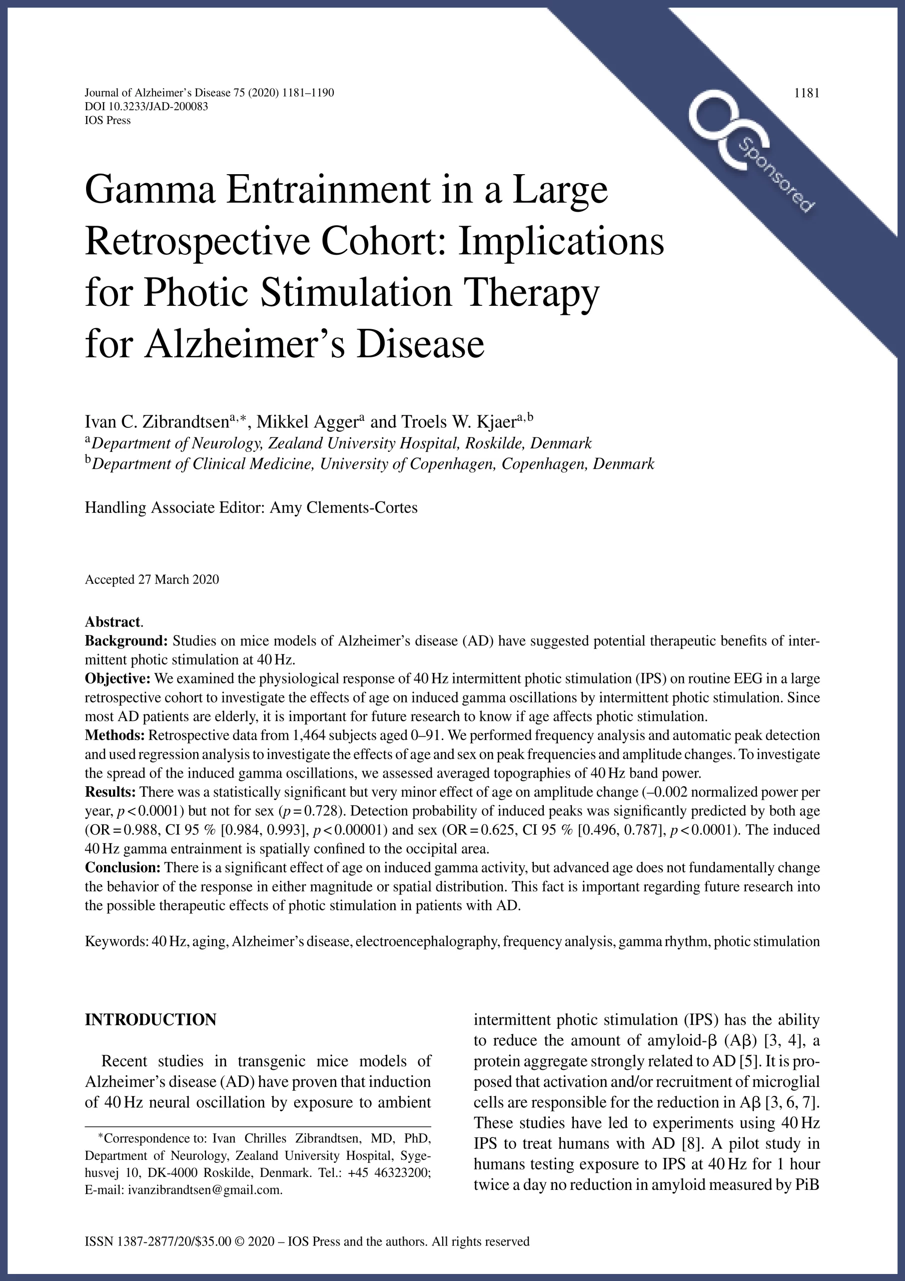 Gamma Entrainment in a Large Retrospective Cohort: Implications for Photic Stimulation Therapy for Alzheimer's Disease publication by Zibrandtsen, 2020 sponsored by Optoceutics